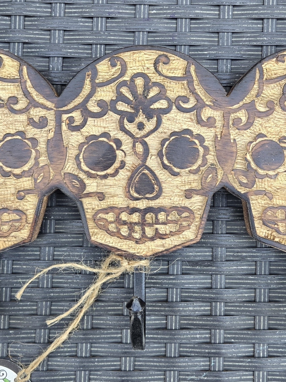Wooden Day of the Dead Skull Wall Hook - Brown & Gold